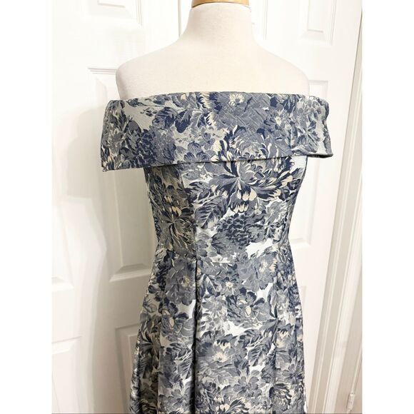 Alex Evenings Womens Blue Silver Floral Brocade Off the Shoulder Gown Size 8 - Picture 2 of 6